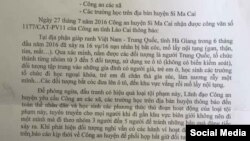 Công văn lan truyền trên mạng, được cho là từ cơ quan công an huyện Si Ma Cai, gửi cho các cơ quan công an xã và trường học trong địa bàn về việc 16 trẻ em bị bắt cóc để mổ lấy nội tạng.