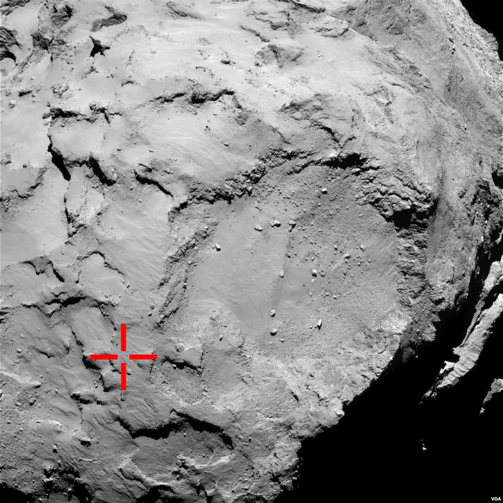 This image from Rosetta’s OSIRIS narrow-angle camera is marked to show the location of the first touchdown point of the Philae lander. It is thought that Philae bounced twice before settling on the surface of Comet 67P/Churyumov-Gerasimenko, Nov. 12, 2014. (Courtesy: European Space Agency)