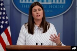 White House deputy press secretary Sarah Huckabee Sanders speaks during the daily press briefing, June 28, 2017, at the White House in Washington.