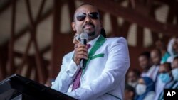 FILE - Ethiopia's Prime Minister Abiy Ahmed speaks at a final campaign rally at a stadium in the town of Jimma in the southwestern Oromia Region of Ethiopia, June 16, 2021. 