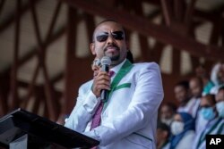 FILE - Ethiopia's Prime Minister Abiy Ahmed speaks in the southwestern Oromia Region of Ethiopia, June 16, 2021.