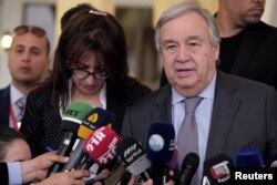 Secretary-General of the United Nations Antonio Guterres speaks during a news conference in Benghazi, Libya, April 5, 2019.