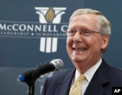 Senate Republican leader Mitch McConnell of Kentucky holds a news conference in Louisville, Nov. 5, 2014.