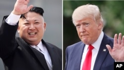 FILE - This combination of photos shows North Korean leader Kim Jong Un on April 15, 2017, in Pyongyang, North Korea, left, and U.S. President Donald Trump in Washington on April 29, 2017.