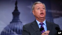 FILE - Sen. Lindsey Graham, R-South Carolina, speaks during a news conference on Capitol Hill in Washington, Wed. Nov. 1, 2017.