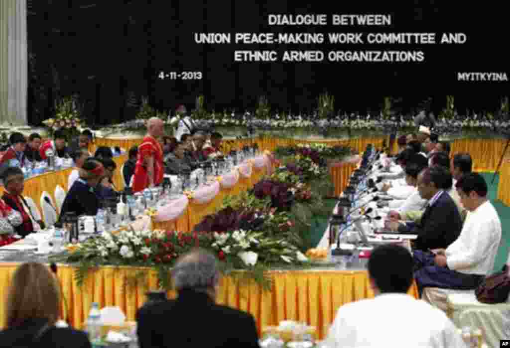 Gen. Mutu Say Poe, chairman of the Karen National Union (KNU), speaks on behalf of armed ethnic rebel groups during three days of talks with government peace negotiators that kicked off Monday, Nov. 4, 2013, in Myitkyina, the capital of Kachin State, Myan