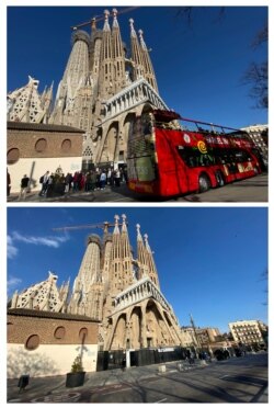 Gambar kombinasi: turis dan bus wisata di sekitar basilika Sagrada Familia, di Barcelona, Spanyol, sebelum ditutup, 11 Maret 2020. dan setelah ditutup, 13 Maret 2020. (REUTERS)