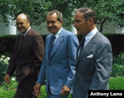 President Richard M. Nixon with Melvin Laird, and General Alexander Haig, walking in rose garden of the White House in Washington, June 6, 1973.