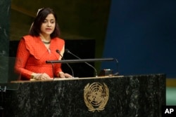 FILE - Maldives Foreign Minister Dunya Maumoon addresses the 70th session of the United Nations General Assembly at U.N. headquarters in New York, Oct. 3, 2015.