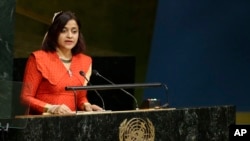 FILE - Maldives Foreign Minister Dunya Maumoon addresses the 70th session of the United Nations General Assembly at U.N. headquarters in New York, Oct. 3, 2015.