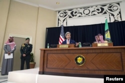 Saudi Foreign Minister Adel al-Jubeir (R) and U.S. Secretary of State John Kerry speak to members of the media after attending the Gulf Cooperation Council meeting at King Salman Regional Air Base in Riyadh, Saudi Arabia, Jan. 23, 2016.
