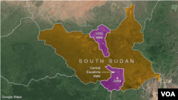 Negara bagian Central Equatoria dan Unity di Sudan Selatan. 