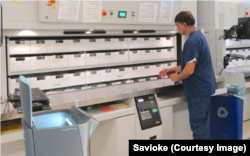 Savioke, a San Jose, CA based (Silicon Valley) company shares a stock photo of a Relay robot in a medical setting. It can deliver specimens, lab equipment, pharmaceuticals, etc. in a hospital setting.