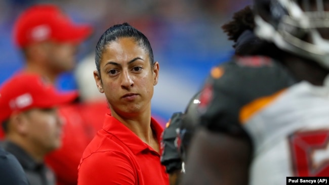 Tampa Bay Buccaneers assistant strength and conditioning coach Maral Javadifar was one of two women on the Super Bowl champion staff. (AP Photo/Paul Sancya)