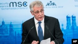 U.S. Secretary of Defense, Chuck Hagel, speaks during the Munich Security Conference at the Bayerischer Hof Hotel in Munich, southern Germany, Feb. 1, 2014.