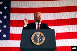 President Donald Trump speaks to U.S. military troops and their families at Naval Air Station Sigonella, May 27, 2017, in Sigonella, Italy.