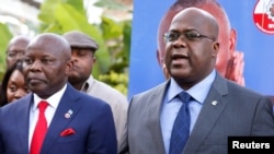 FILE - Felix Tshisekedi (R), leader of Congolese main opposition, the Union for Democracy and Social Progress (UDPS) party, flanked by Vital Kamerhe, leader of the UNC party, addresses a news conference in Nairobi, Kenya, Nov. 23, 2018.