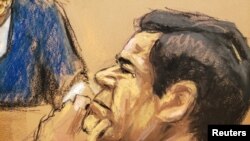 Caricature du trafiquant de drogue mexicain Joaquin "El Chapo", devant le tribunal fédéral de Brooklyn à New York, aux États-Unis, le 24 janvier 2019. REUTERS / Jane Rosenberg 