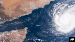 This satellite image, captured by NOAA on Oct. 30, shows Tropical Cyclone Chapala as it nears the Arabian peninsula. Chapala is expected to make landfall over eastern Yemen between late evening Monday and early Tuesday.