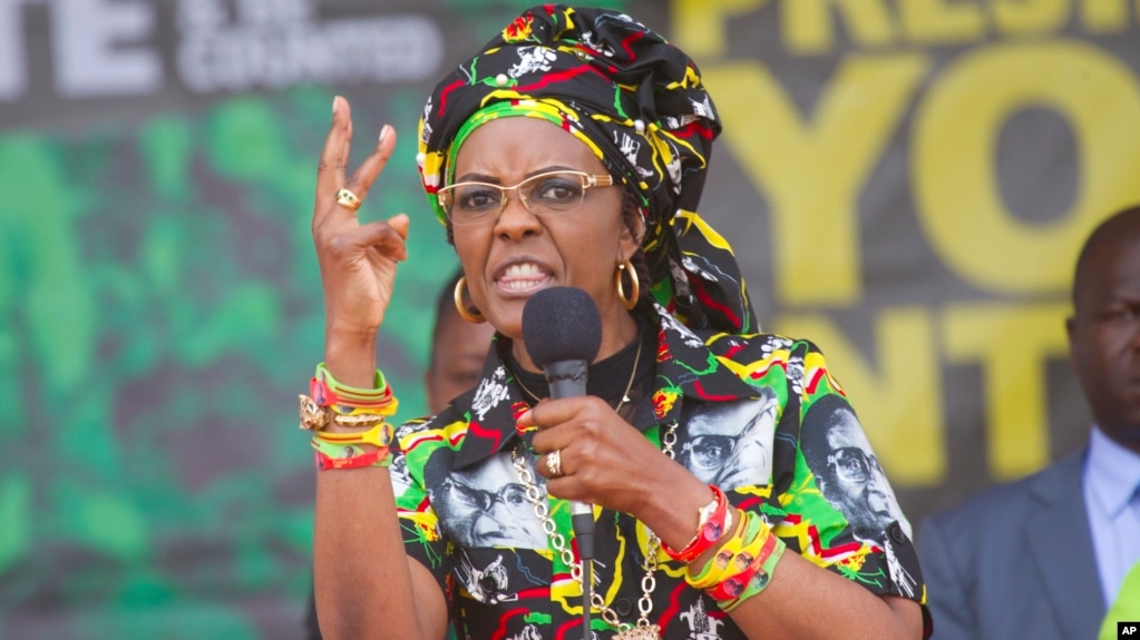 FILE - Zimbabwe's first lady, Grace Mugabe, addresses party supporters at a ZANU PF rally in Chinhoyi in this July 29, 2017