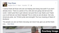 Phần đăng tải trên Facebook cá nhân của Troy Pham, chồng của người phụ nữ và cha của đứa con được cứu, cám ơn những người đã cứu giúp gia đình anh trong cơn bão.