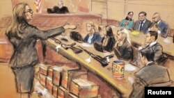 Assistant U.S. Attorney Andrea Goldbarg points at Mexican drug lord Joaquin "El Chapo" Guzman, back row center, in this courtroom sketch during Guzman's trial in Brooklyn federal court in New York City, Jan. 30, 2019. 