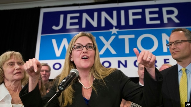 Democrat Jennifer Wexton speaks at her election night party after defeating Rep. Barbara Comstock, R-Va., Nov. 6, 2018, in Dulles, Virginia.