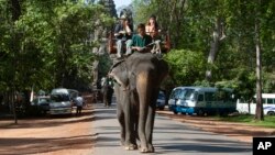 FILE - In this May 30, 2009, file photo, tourists ride on elephants at Bayon front gate of Cambodia's Angkor complex in Siem Reap province, north of Phnom Penh, Cambodia. 