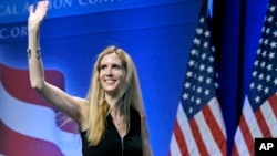 FILE - Ann Coulter waves to the audience after speaking at the Conservative Political Action Conference in Washington, Feb. 12, 2011. 