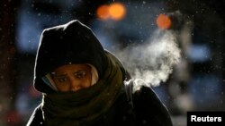 A woman walks in frigid cold temperatures though downtown Chicago, Illinois, Jan. 6, 2014. 