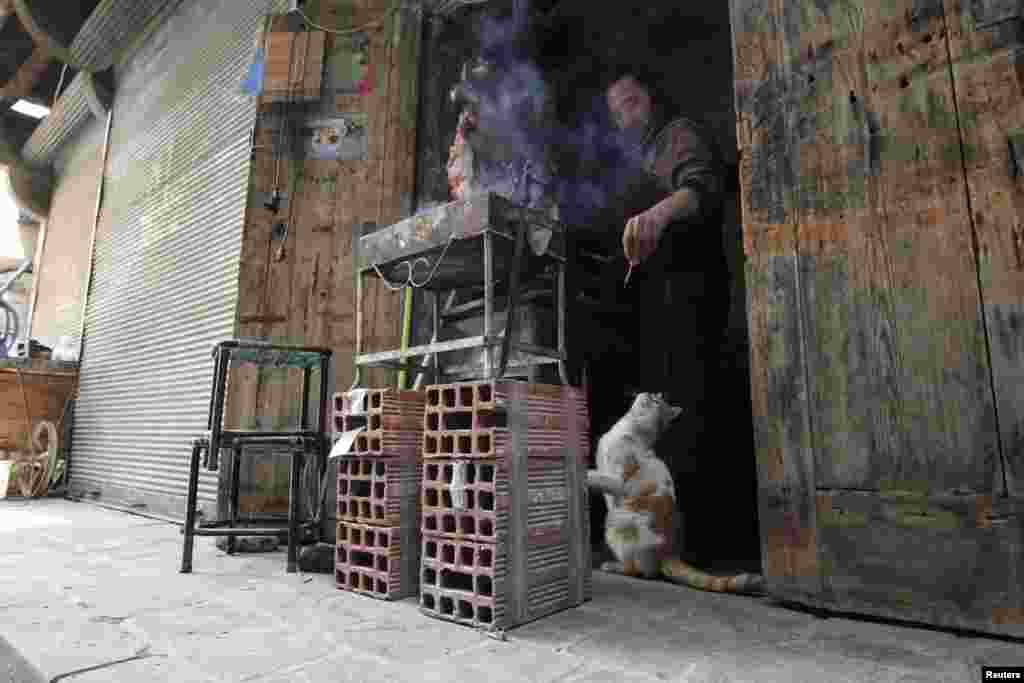 A man gives food to a cat in front of a shop in Aleppo, Syria.