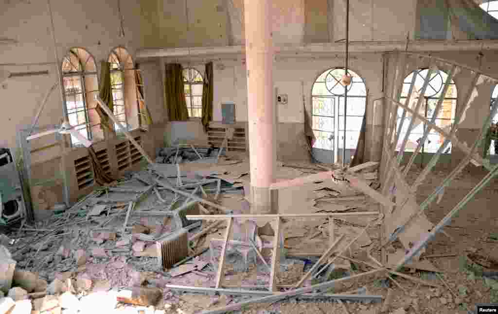 The inside of a damaged mosque in Dahra Abd Rabbo village, Aleppo, May 27, 2013. 