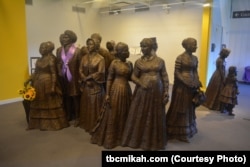 The First Wave statue exhibit in the lobby of the Visitor Center features Elizabeth Cady Stanton at the far left.