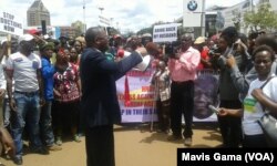 A speaker addresses gatherers at Dzamara's one year anniversary march in Harare.