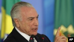 Brazil's President Michel Temer speaks during a ceremony at the Planalto Presidential Palace, in Brasilia, June 26, 2017. 