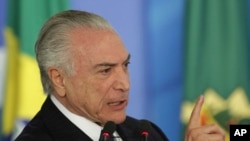 Brazil's President Michel Temer speaks during a ceremony at the Planalto Presidential Palace, in Brasilia, June 26, 2017. 