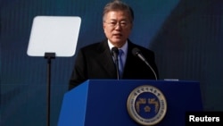 South Korean President Moon Jae-in delivers a speech during a ceremony celebrating the 99th anniversary of the March First Independence Movement against Japanese colonial rule in Seoul, South Korea, March 1, 2018.