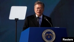 South Korean President Moon Jae-in delivers a speech during a ceremony celebrating the 99th anniversary of the March First Independence Movement against Japanese colonial rule, at Seodaemun Prison History Hall in Seoul, South Korea, March 1, 2018. 