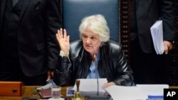 Uruguay's newly named Vice President Lucia Topolansky presides over a session in Senate chambers in Montevideo, Sept. 13, 2017.