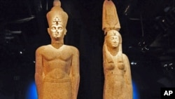 The large statues on display at the 'Cleopatra: The Search for the Last Queen of Egypt' exhibit at the Franklin Institute in Philadelphia, Pa., are among 150 artifacts that are featured.