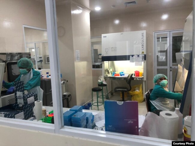 Petugas di BBTKLPP Yogyakarta sedang memeriksa sampel pasien terkait virus corona. (Foto: Irene/ BBTKLPP)