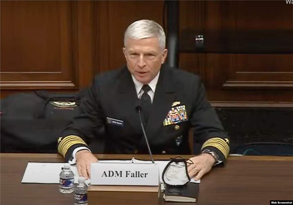 美军南方司令部司令、海军上将克雷格·法勒2021年4月14日出席国会参议院军事委员会的一场听证会。(photo:VOA)
