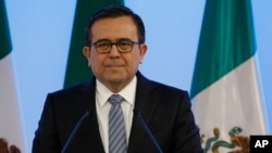 FILE - Mexico's Economy Secretary Ildefonso Guajardo Villarreal attends a press conference Mexico City, Sept. 5, 2017.