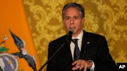 U.S. Secretary of State Antony Blinken talks during a press conference at government palace in Quito, Ecuador, Oct. 19, 2021. 