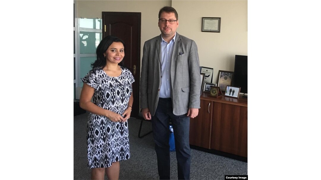 Ambassador Eduards Stiprais with Navbahor Imamova, VOA, Tashkent, September 14, 2018