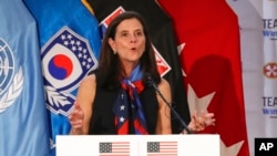 FILE - Lisa Baird, then the U.S. Olympic Committee chief marketing officer, speaks in Seoul, South Korea, Aug. 1, 2017. Reports on Oct. 1, 2021, said Baird was out as National Women's Soccer League commissioner amid allegations that a former coach had sexually harassed players.