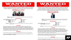 This two-picture combo of wanted posters provided by the FBI shows Ahmed al-Agha, left, and Firas Dardar. The Justice Department has indicted current or former members of the Syrian Electronic Army for computer hacking-related conspiracies. 