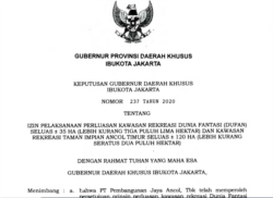 Keputusan Gubernur DKI Jakarta Nomor 237 Tahun 2020 tentang Izin Pelaksanaan Perluasan Kawasan Rekreasi tentang Izin Pelaksanaan Perluasan Kawasan Rekreasi Dufan Seluas ± 35 hektar dan Kawasan Rekreasi Taman Impian Ancol Timur Seluas ± 120 hektar. (Foto courtesy.)