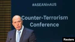 Australia's Home Affairs Minister Peter Dutton speaks at the opening of the Counter Terrorism Conference during the summit of the 10-member Association of Southeast Asian Nations (ASEAN) in Sydney, March 17, 2018.