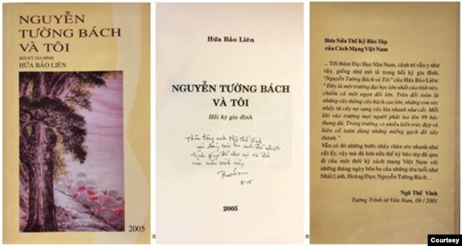 trái, bìa trước tác phẩm Nguyễn Tường Bách và Tôi, hồi ký gia đình của Hứa Bảo Liên xuất bản tại Hoa Kỳ 2005; giữa, trang đề tặng của tác giả cho người viết; phải, bìa sau tác phẩm với trích dẫn trang bút ký Mekong Dòng Sông Nghẽn Mạch của Ngô Thế Vinh khi tới thăm Đại học Vân Nam. [tư liệu Ngô Thế Vinh]